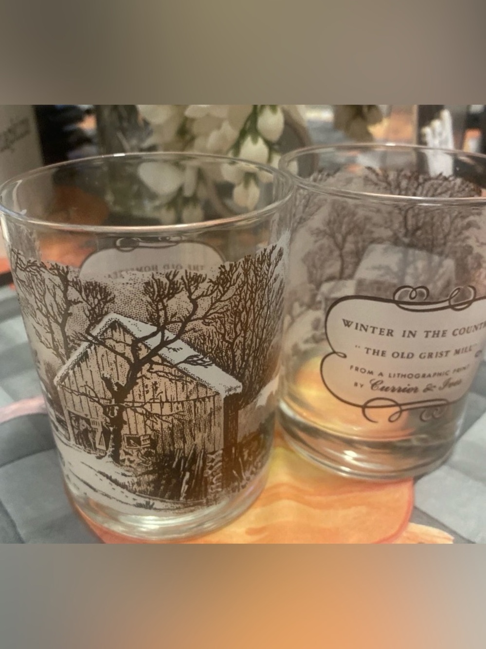 currier and ives glass The Old Homestead In Winter 4” Set Of 2